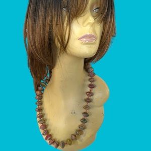 RED GREEN BROWN AFRICAN BEADS W/ RED BEAD LONG NECKLACE‎